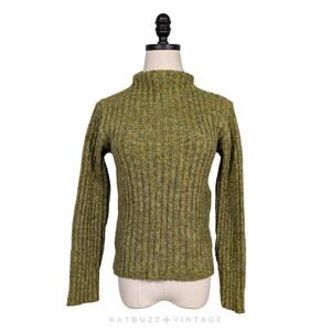 Vintage Ribbed Mock Sweater S Green Pullover 90s Y2K Ribbed Chunky Indie Grunge